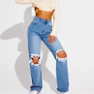 Ripped Cutout Wide Leg Jeans